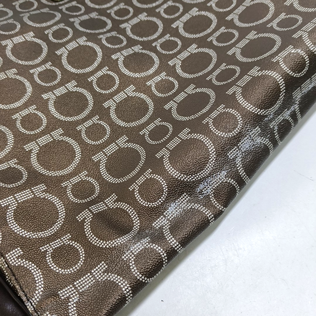 FERRAGAMO Dark Brown Coated Canvas Print Single Shoulder Bag Crossbody Bag Silver Hardware-(SKU)-952089727