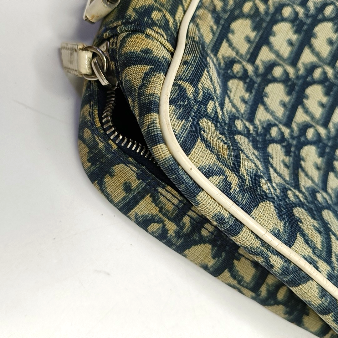 DIOR Dark Blue Coated Canvas Monogram Crossbody Shoulder Bag Silver Hardware-(SKU)-957328406
