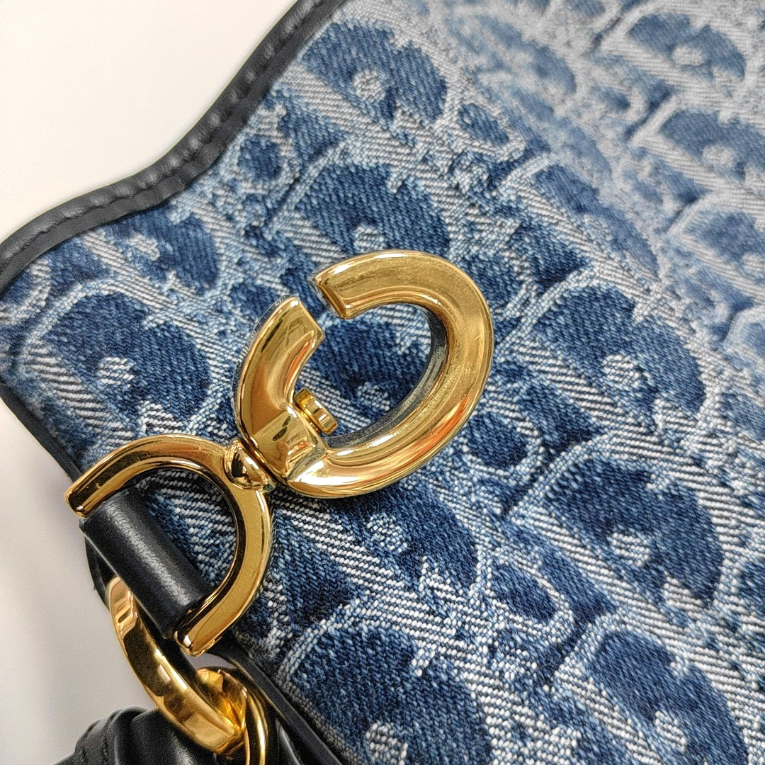 DIOR C'Est Dior Medium Blue Denim Monogram Crossbody Shoulder Bag with Detachable Strap and Golden Hardware, 2 Straps-(SKU)-971136848