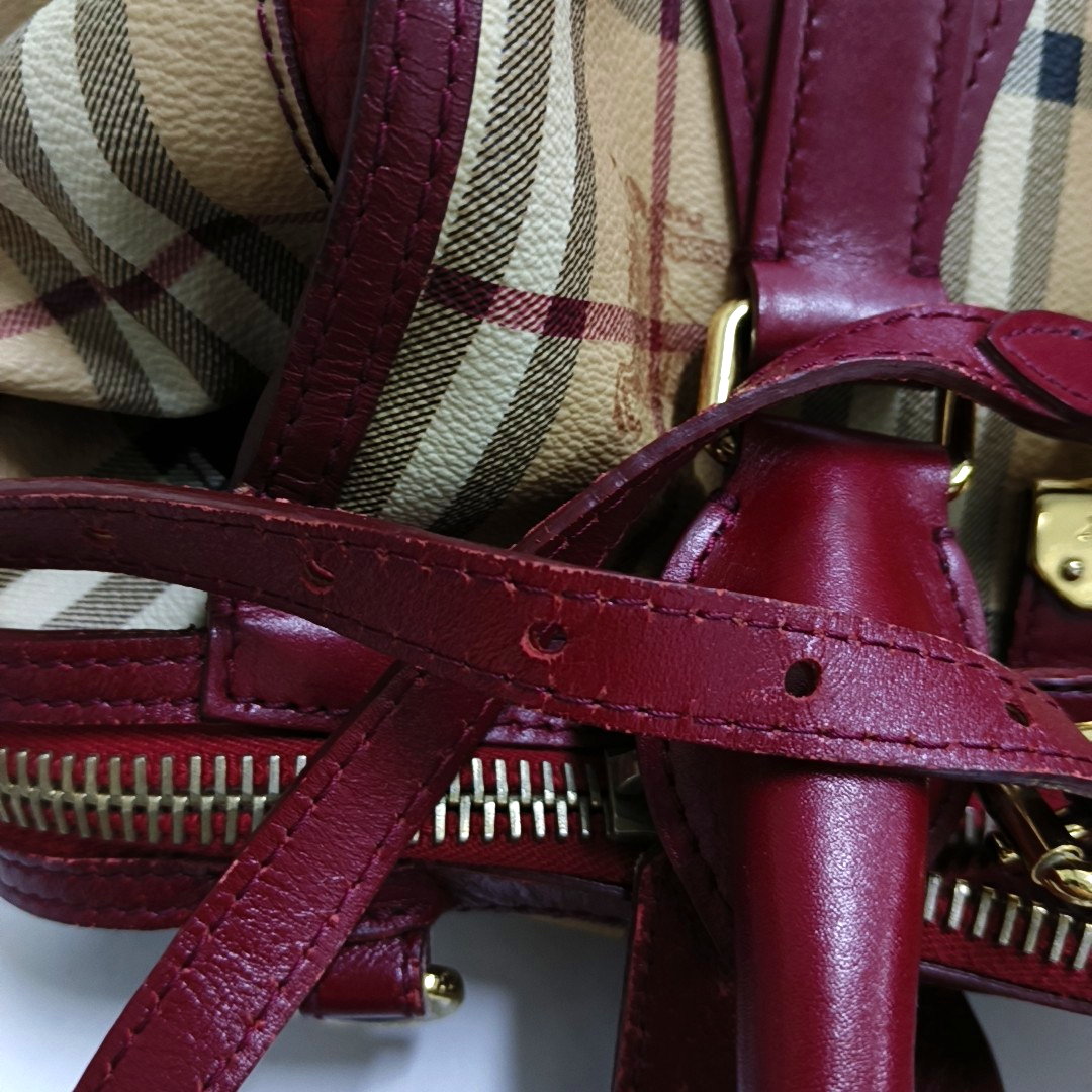 BURBERRY Red Coated Canvas Warhorse Plaid Single Shoulder Bag Golden hardware Removable shoulder strap-(SKU)-948483187