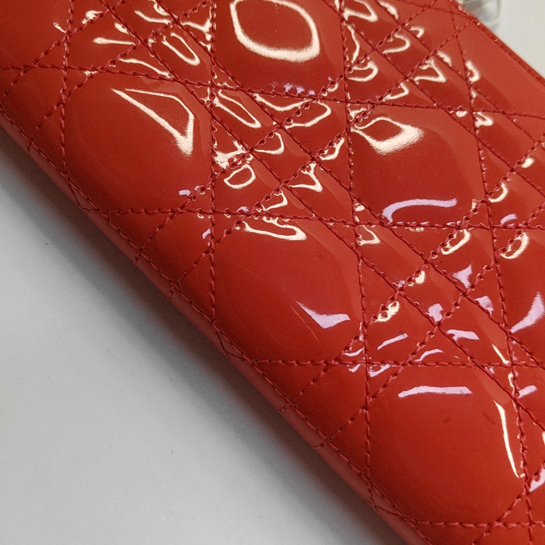 DIOR Lady Dior Red patent leather wicker pattern quilted wallet Golden hardware-(SKU)-945065064