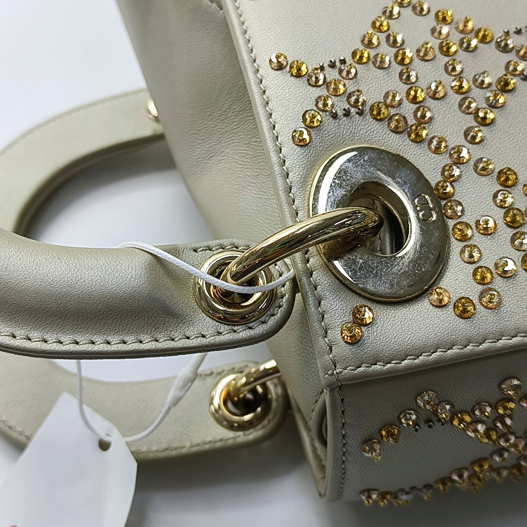DIOR Lady Dior mini champagne lamb skin Cannage pattern three-compartment crossbody bag, shoulder bag with gold hardware and detachable strap-(SKU)-963332269