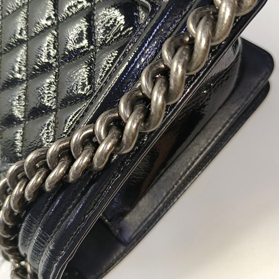 CHANEL BOY CHANEL Medium Size Black Patent Calfskin Monogram Shoulder Bag, Crossbody with Detachable Strap, Ruthenium-Colored Hardware, 19 Clasps-(SKU)-969782538