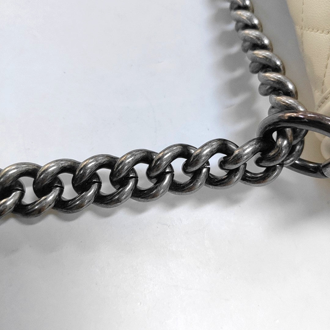 CHANEL BOY CHANEL Medium Size White Lamb Calfskin Quilted Chevron Crossbody Shoulder Bag Rhodium Plated Hardware 18 Clasp Removable Shoulder Strap-(SKU)-968095013