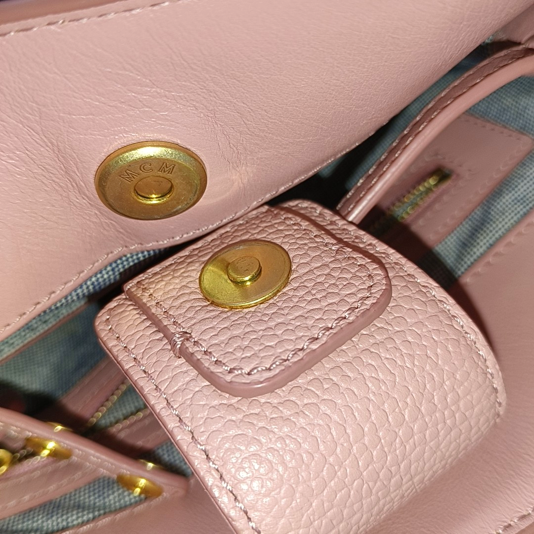 MCM Tote bag Pink Leather Studs Single Shoulder Bag Tote Bag Golden hardware Removable shoulder strap-(SKU)-944137906