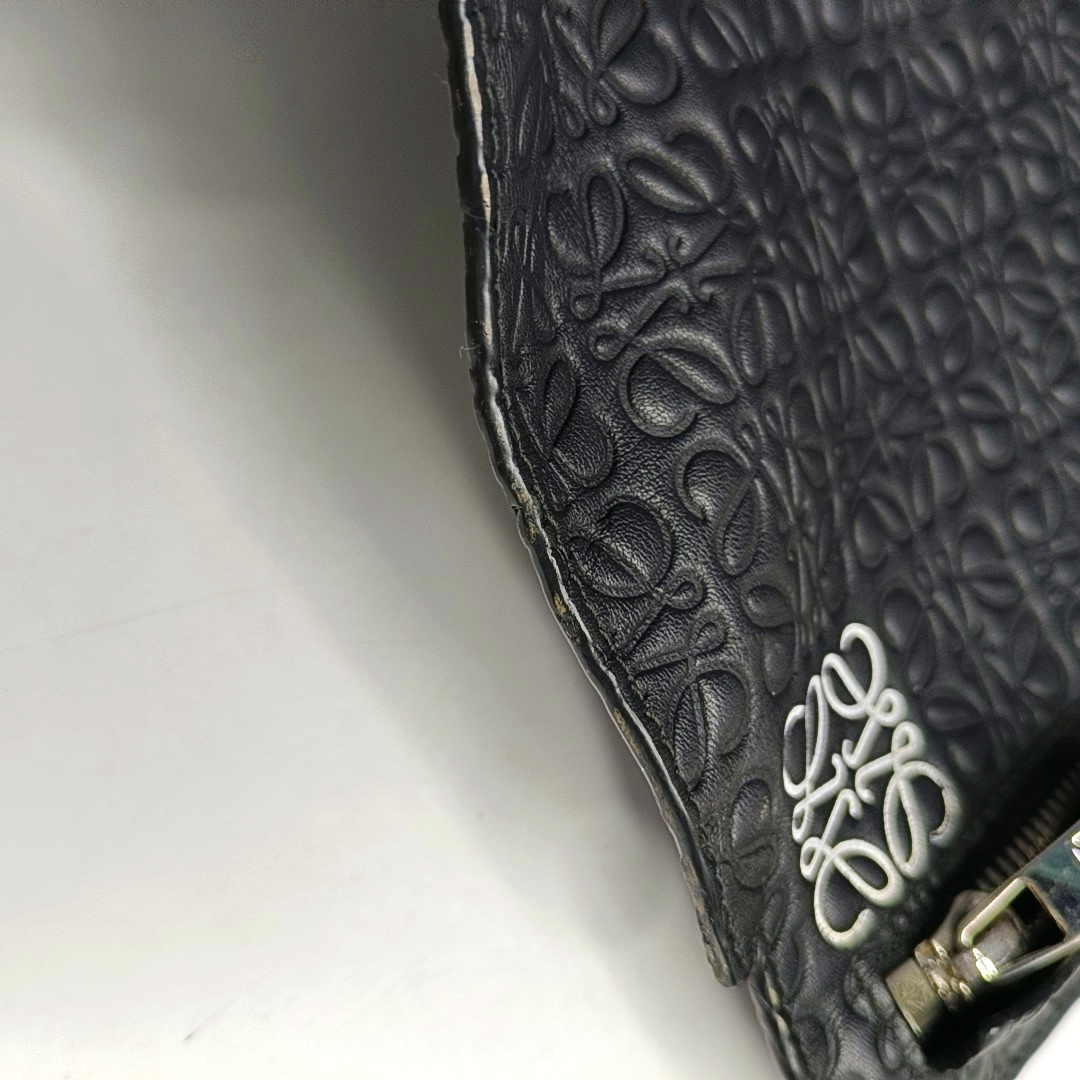 LOEWE T Pouch Black Cowhide Textured Monogrammed Coin Purse Silver Hardware-(SKU)-957345146
