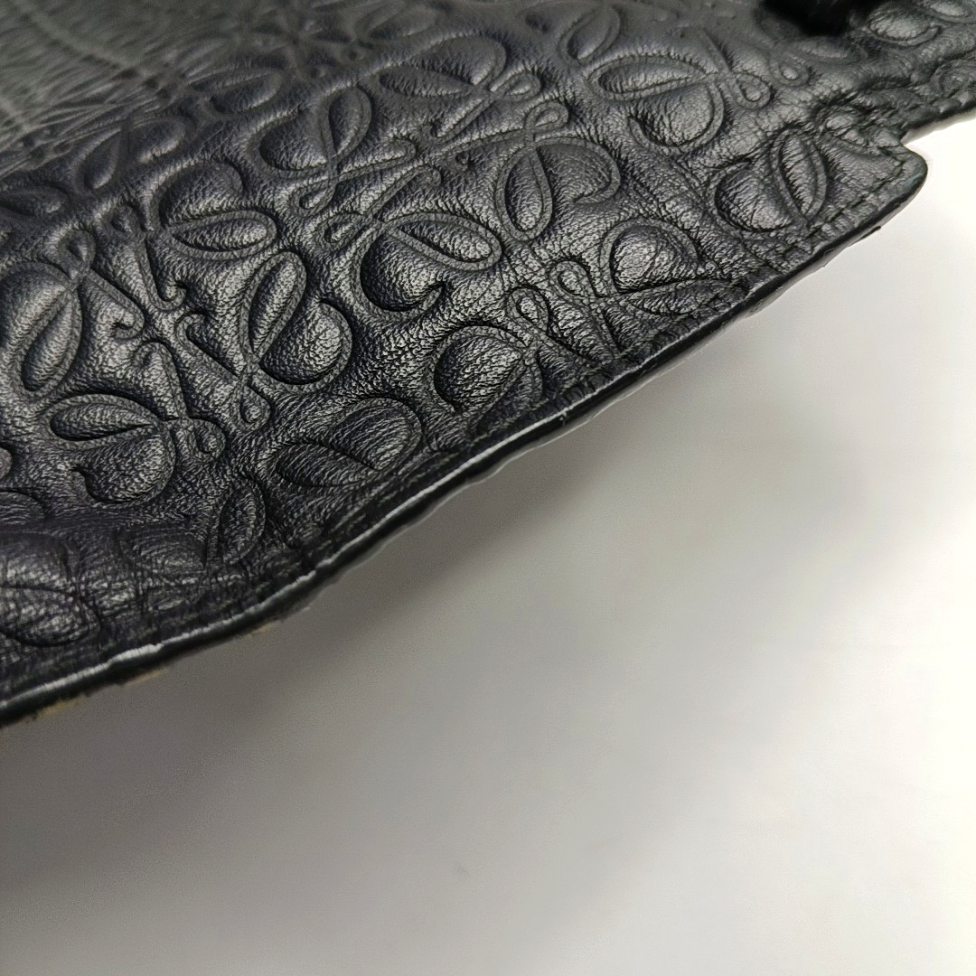 LOEWE T Pouch Black Cowhide Textured Monogrammed Coin Purse Silver Hardware-(SKU)-957345146