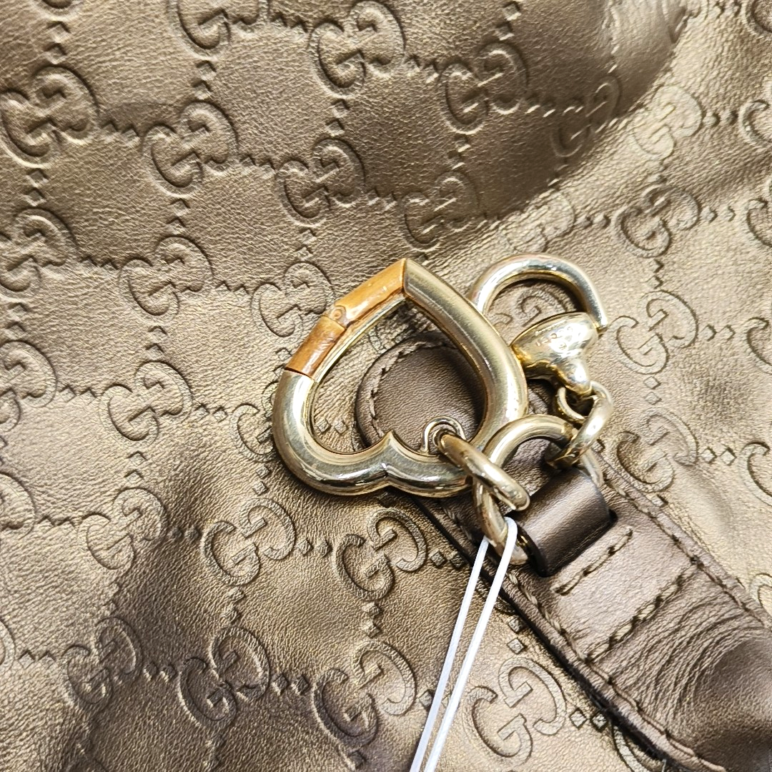 GUCCI Heart Bit Brown cowhide monogram textured handbag, crossbody bag Golden hardware-(SKU)-953515962