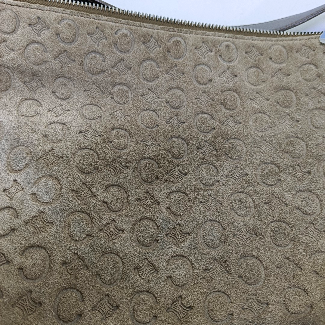 CELINE Khaki Velvet Leather Triumph Arch Embossed Single Shoulder Bag Handbag Silver Hardware-(SKU)-958683892