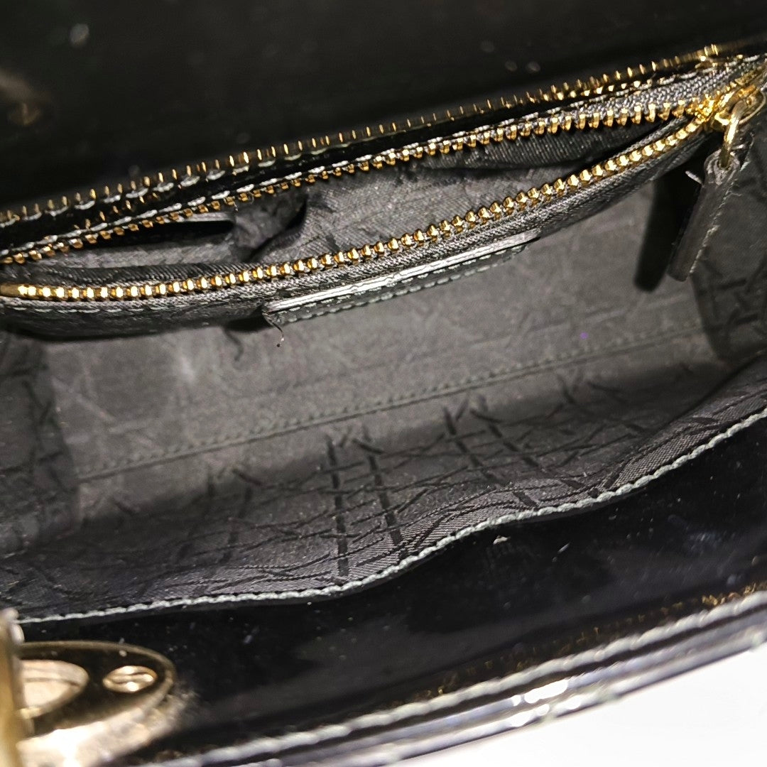 DIOR Lady Dior Mini Black Patent Lamb Skin Quilted Diagonal Bag, Shoulder Bag, Crossbody, Handle Bag with Detachable Strap, Golden Hardware-(SKU)-971167248