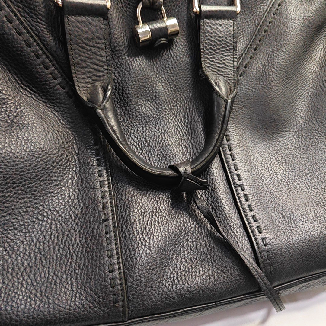 YSL MUSE Black Cowhide Quilted Rivets Tote Bag Silver Hardware-(SKU)-946633480