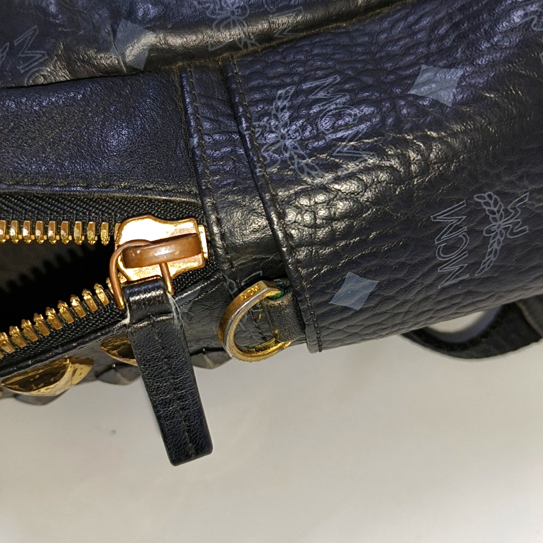 MCM STARK Small size Black Coated Canvas Monogram Studs Backpack Golden hardware-(SKU)-942517154