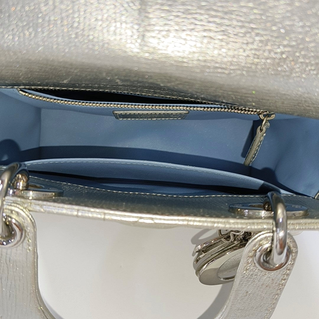 DIOR Lady Dior Small Size Silver Calfskin Quilted Cannage Four Shoulder Bag, Crossbody Bag, Handbag with Detachable Strap-(SKU)-967528877