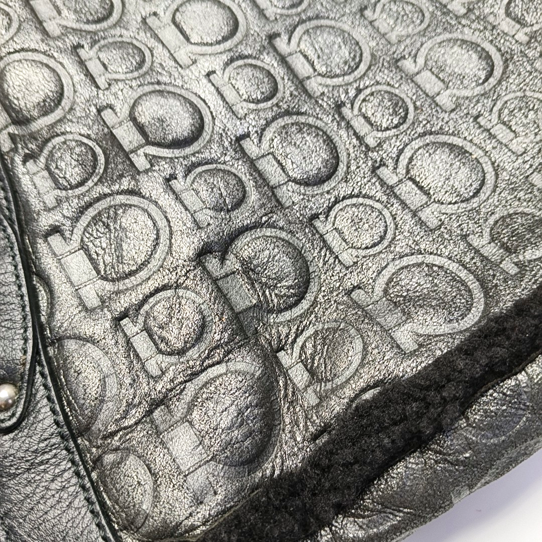 FERRAGAMO Marissa Dark Gray Fabric Textured Handbag Silver Hardware-(SKU)-928999227