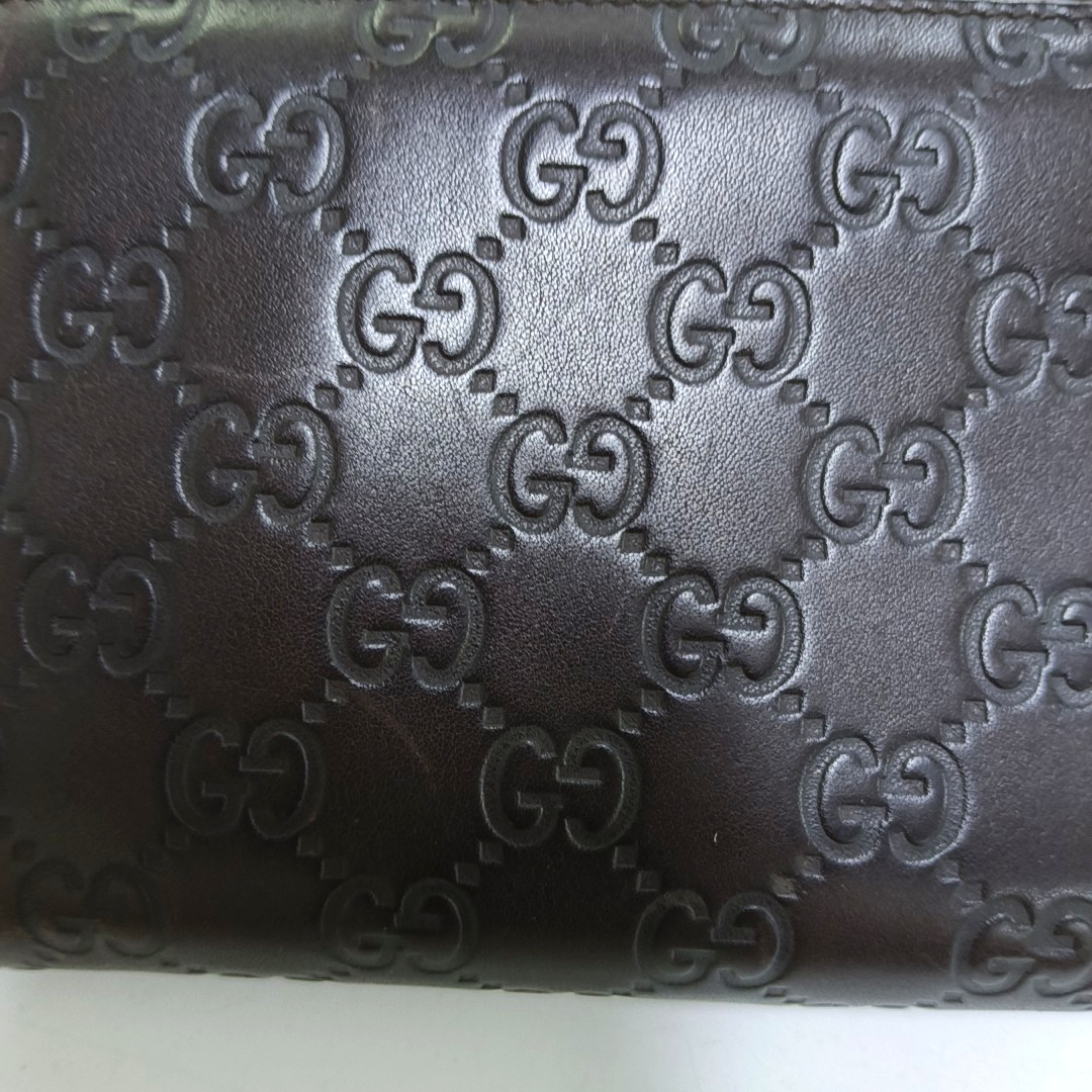 GUCCI Ligne Shima Dark Brown Cowhide Monogrammed Texture Wallet Silver Hardware-(SKU)-946371440