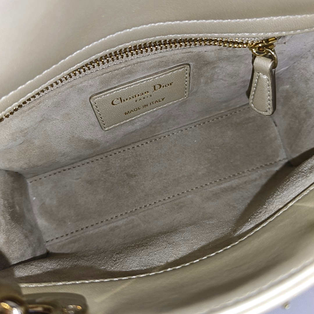 DIOR Lady Dior mini champagne lamb skin Cannage pattern three-compartment crossbody bag, shoulder bag with gold hardware and detachable strap-(SKU)-963332269