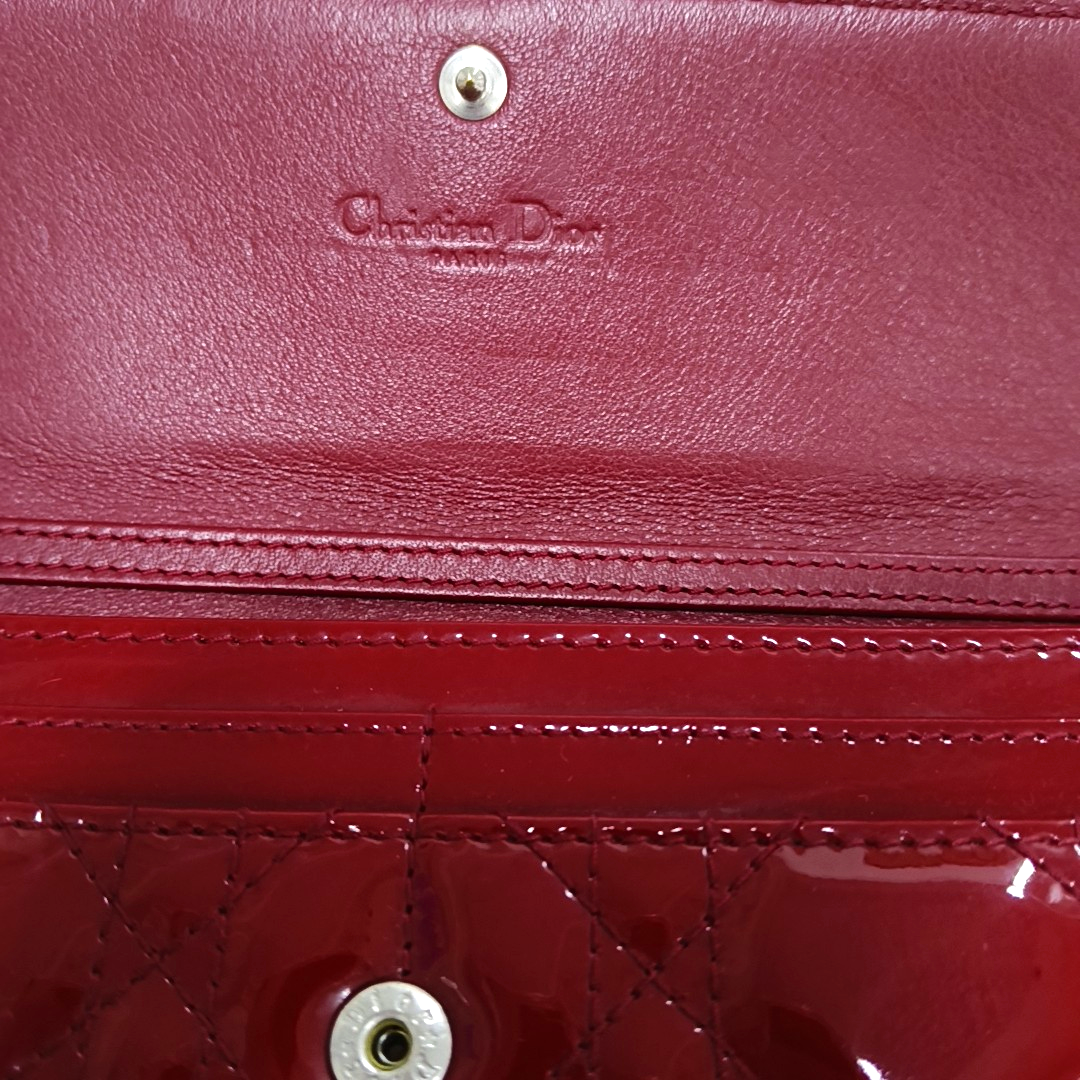 DIOR Lady Dior Burgundy Patent Leather Basketweave Stitched Wallet Golden hardware-(SKU)-950463180
