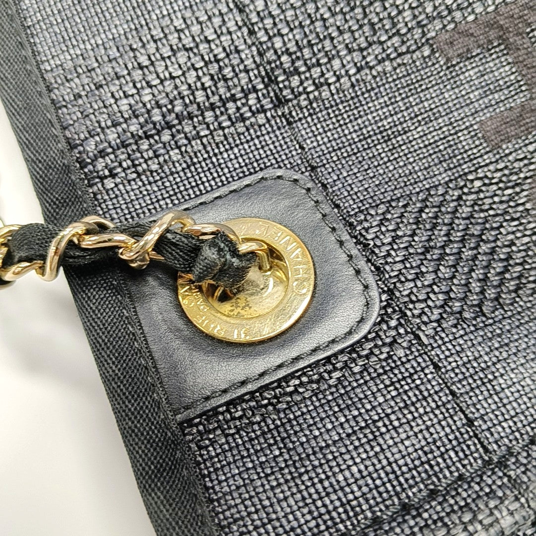 CHANEL DEAUVILLE Black Canvas Single Shoulder Bag Gold Hardware 29 Clasp-(SKU)-970344417