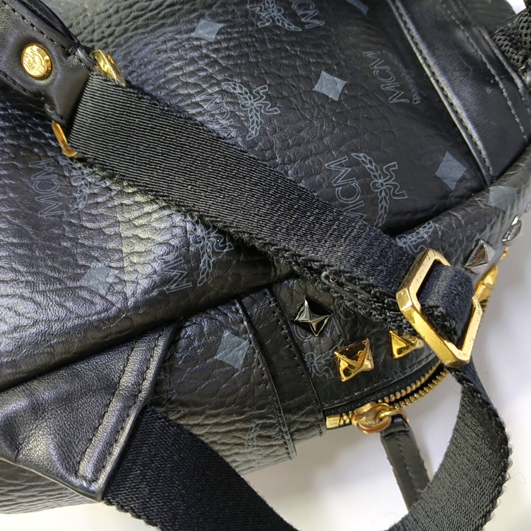 MCM STARK mini Black Coated Canvas Monogram Studs Backpack Golden hardware-(SKU)-940746737