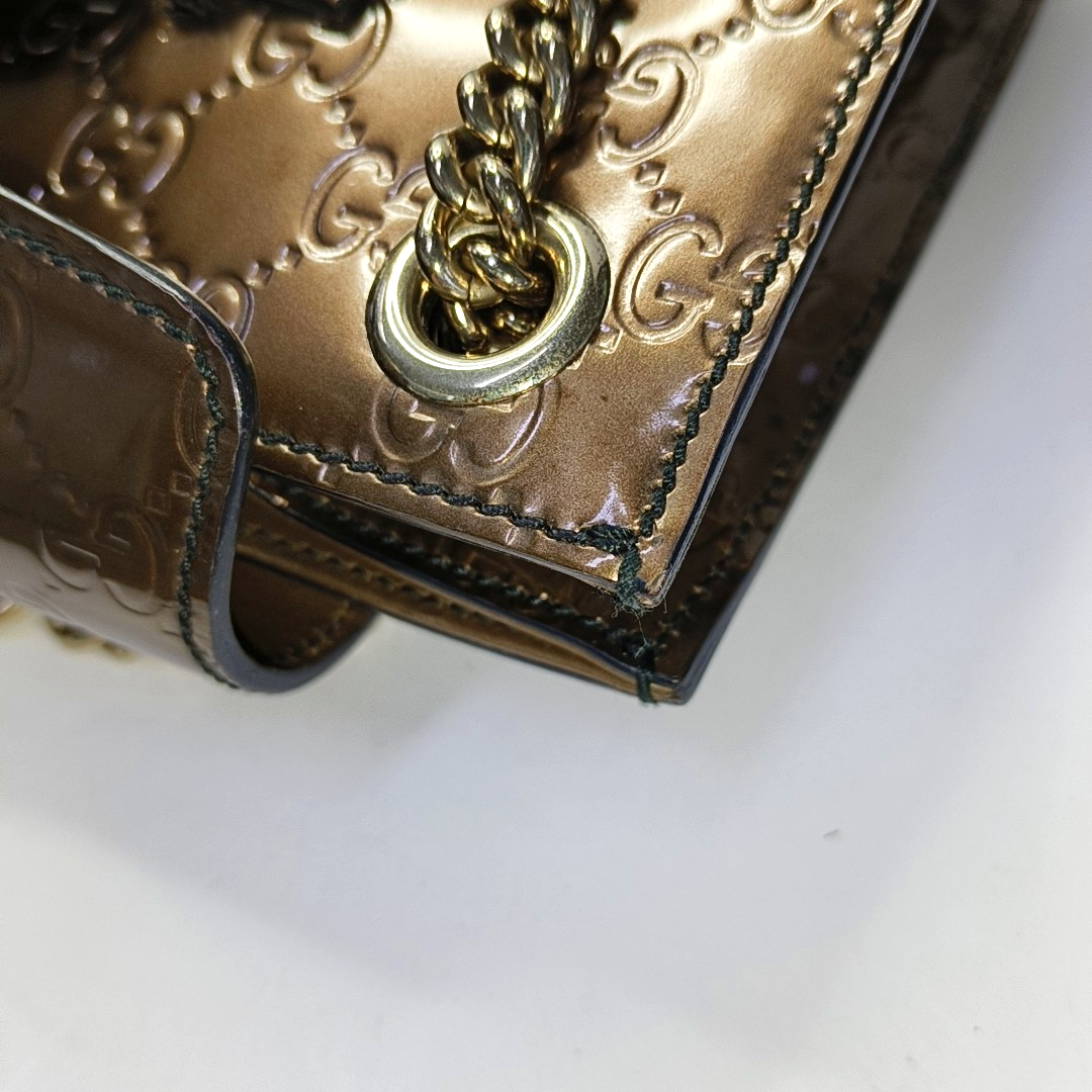 GUCCI Emily Chain Brown Patent Leather Monogram Embossed Shoulder and Handbag Golden hardware-(SKU)-945120170