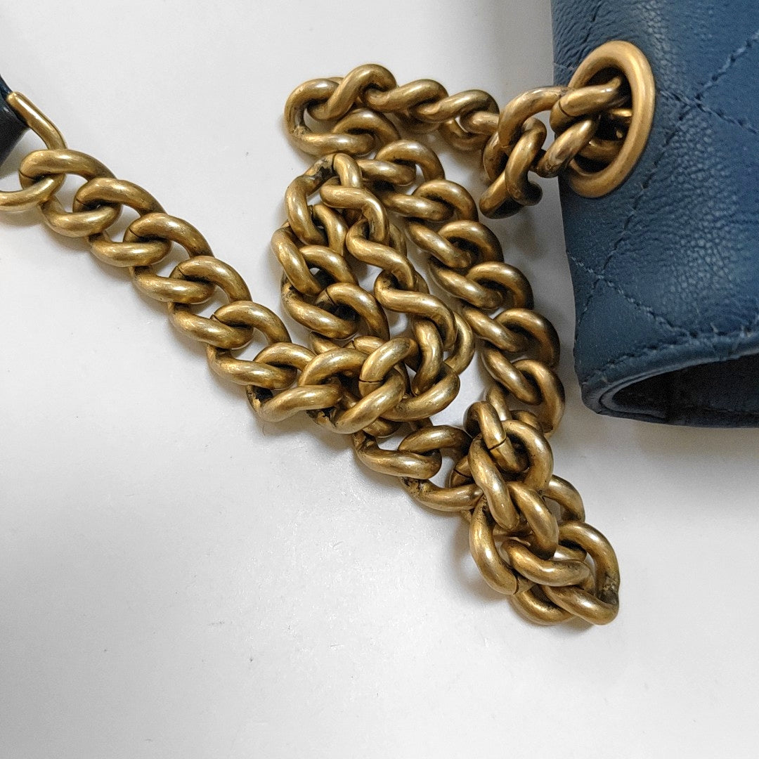 CHANEL FRONT CHAIN FLAP BAG Blue Lamb Skin Quilted Shoulder Bag with Chain Strap, Gold Hardware, 24 Flap-(SKU)-966738258