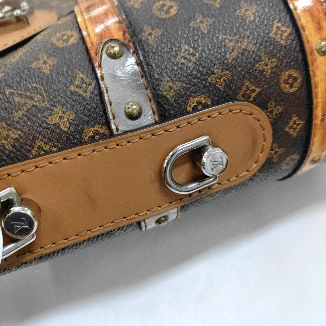 LOUIS VUITTON DUFFLE Brown Coated Canvas Monogram French Fry Shoulder Bag with Shoulder Strap, Silver Hardware, Removable Shoulder Strap-(SKU)-968214373
