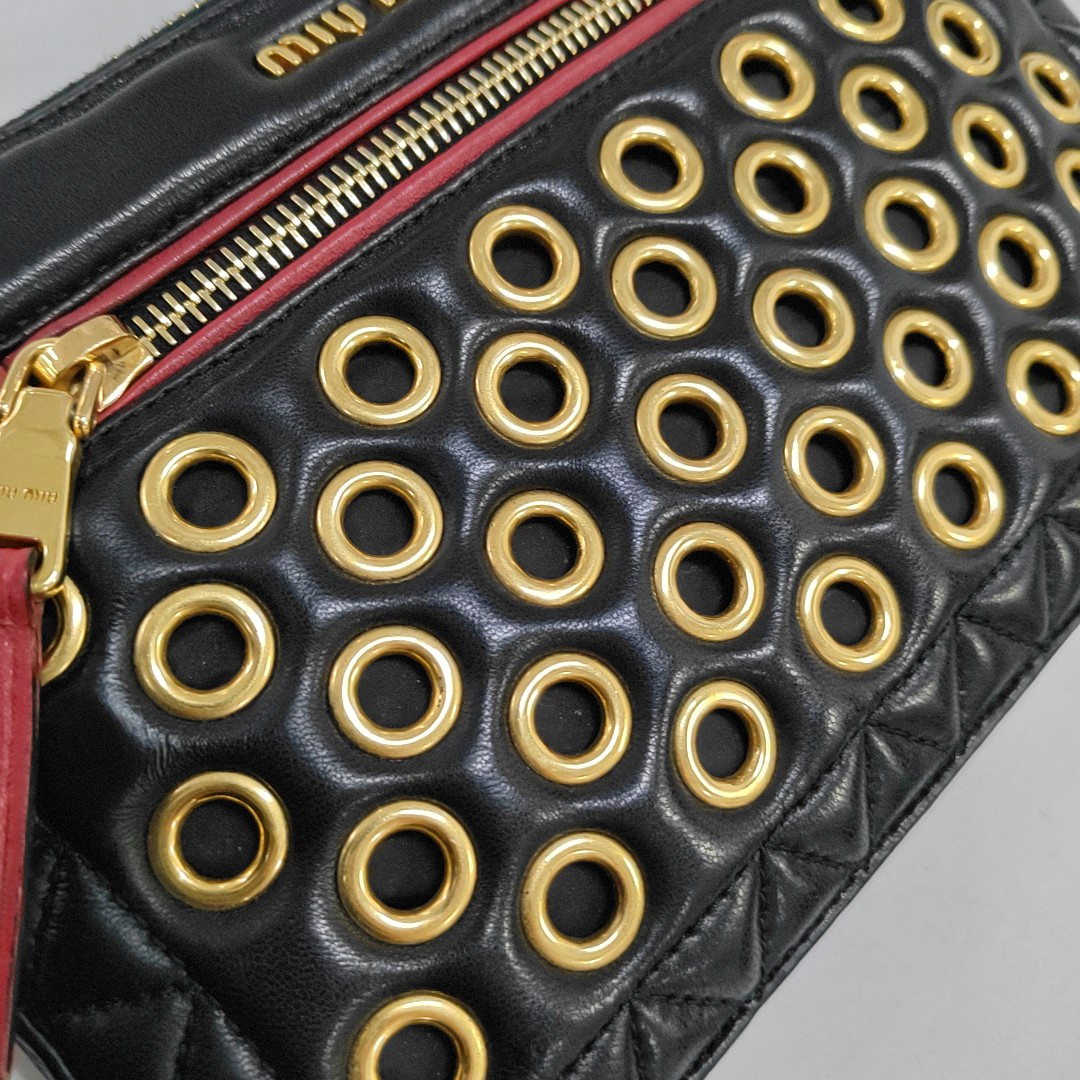 Miu Miu Black Sheepskin Quilted Studs Crossbody Shoulder Bag Clutch Golden hardware Removable shoulder strap-(SKU)-949793506