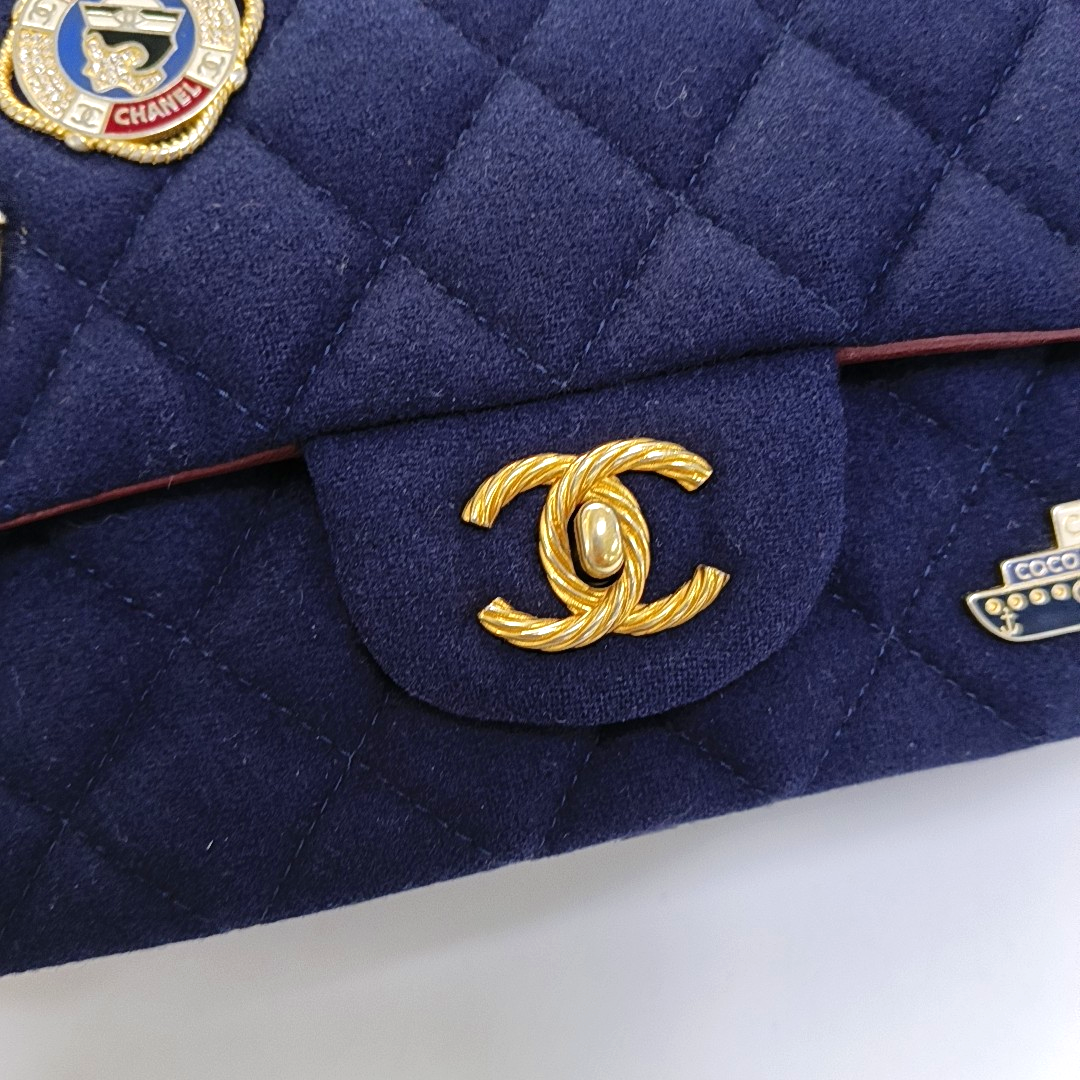 CHANEL CLASSIC FLAP Mini Deep Blue Fabric Monogram Shoulder Bag, Crossbody with Detachable Strap, Golden Hardware, 26 Clasps-(SKU)-940910640