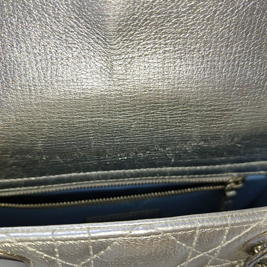 DIOR Lady Dior Small Size Silver Calfskin Quilted Cannage Four Shoulder Bag, Crossbody Bag, Handbag with Detachable Strap-(SKU)-967528877