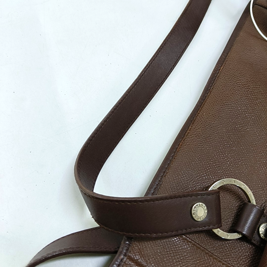 BVLGARI LOGO MANIA Brown Leather Circle Single Shoulder Bag Silver Hardware-(SKU)-947607333