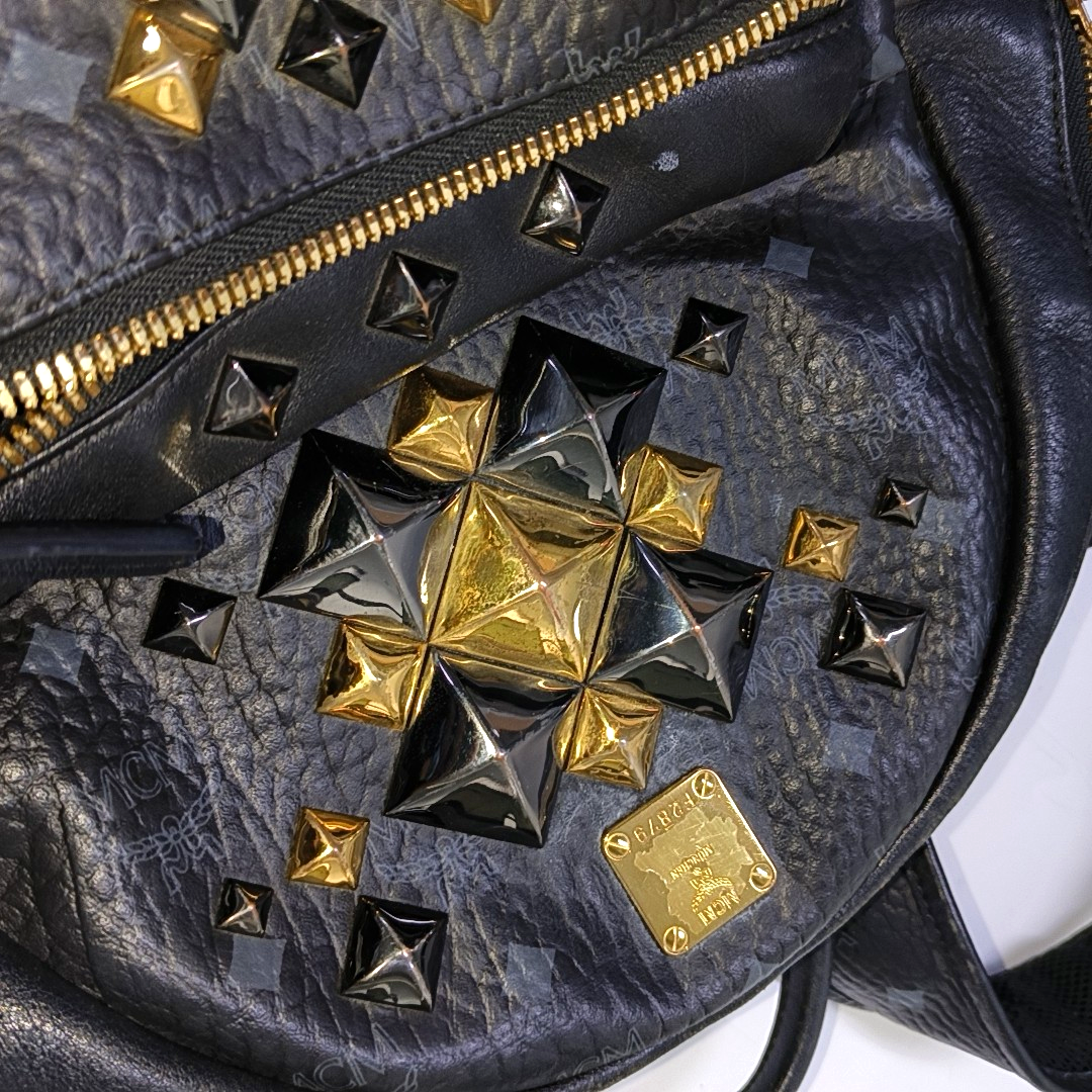 MCM STARK Small size Black Coated Canvas Monogram Studs Backpack Golden hardware-(SKU)-942517154
