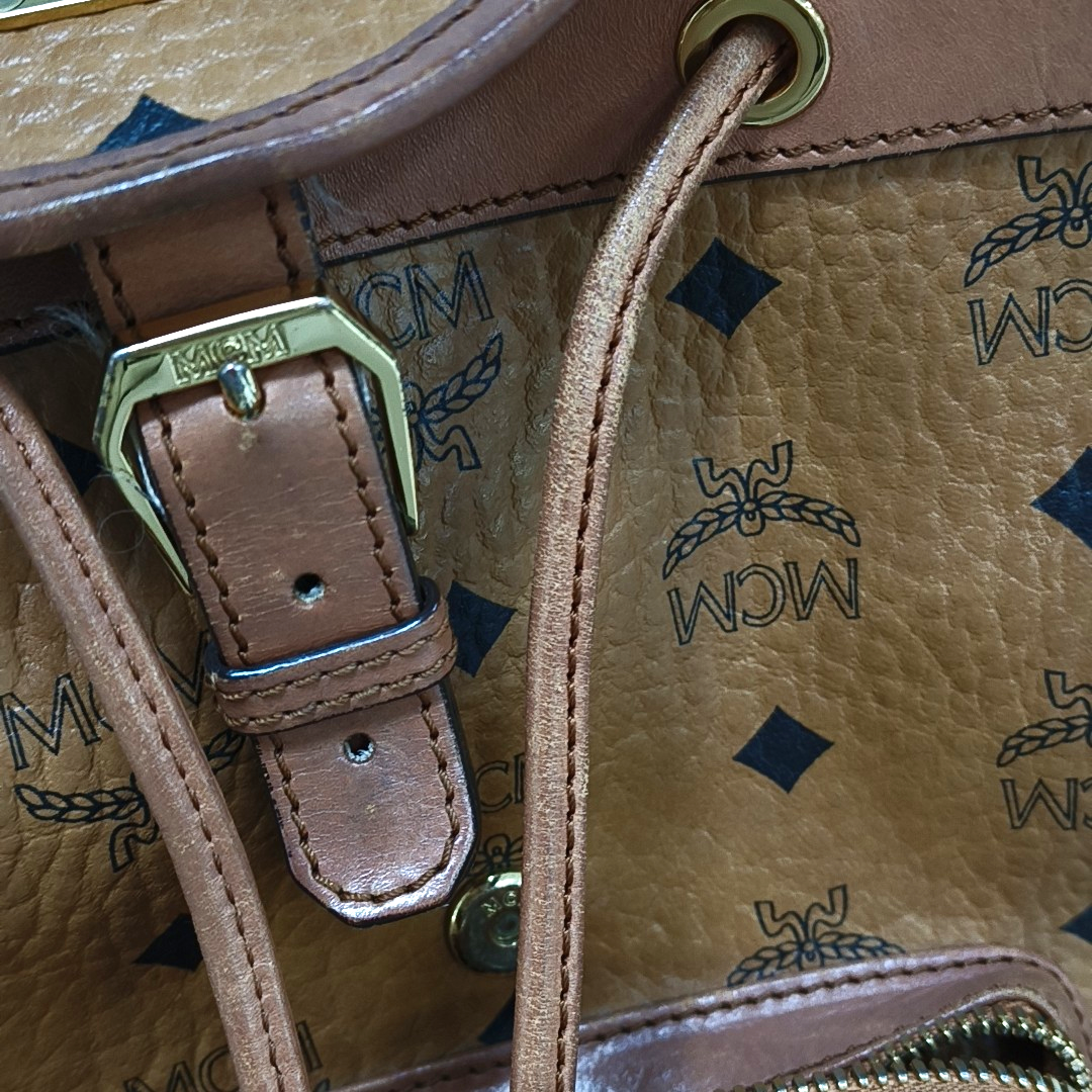 MCM Cognac Coated Canvas Monogrammed Backpack Golden hardware-(SKU)-951930001