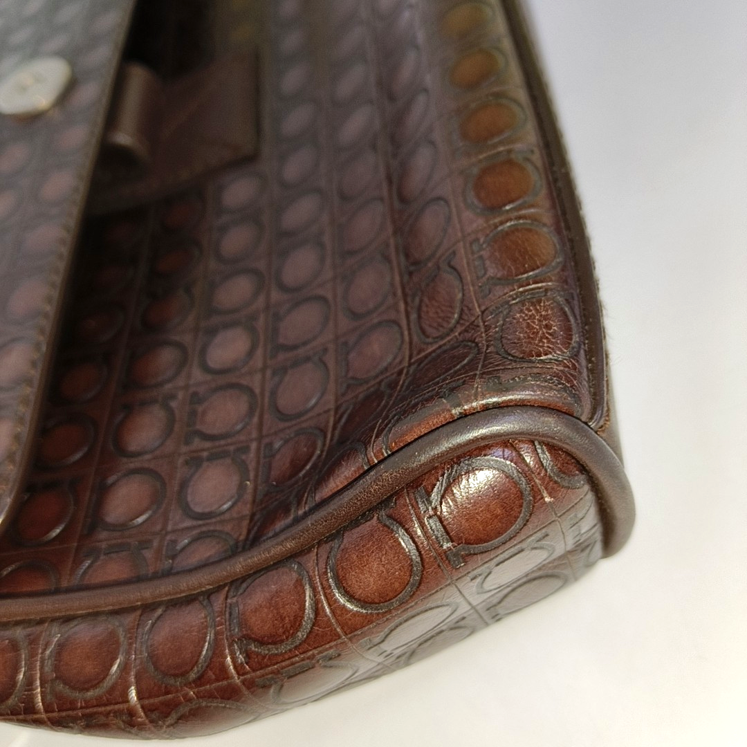 FERRAGAMO Chocolate Brown Leather Embossed Clutch Silver Hardware-(SKU)-942092439