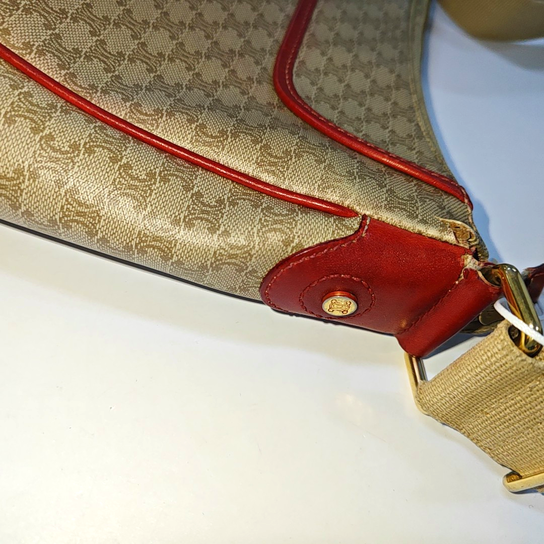 CELINE Khaki Coated Canvas Triumph Grained Shoulder Bag Handbag Golden hardware-(SKU)-936434494