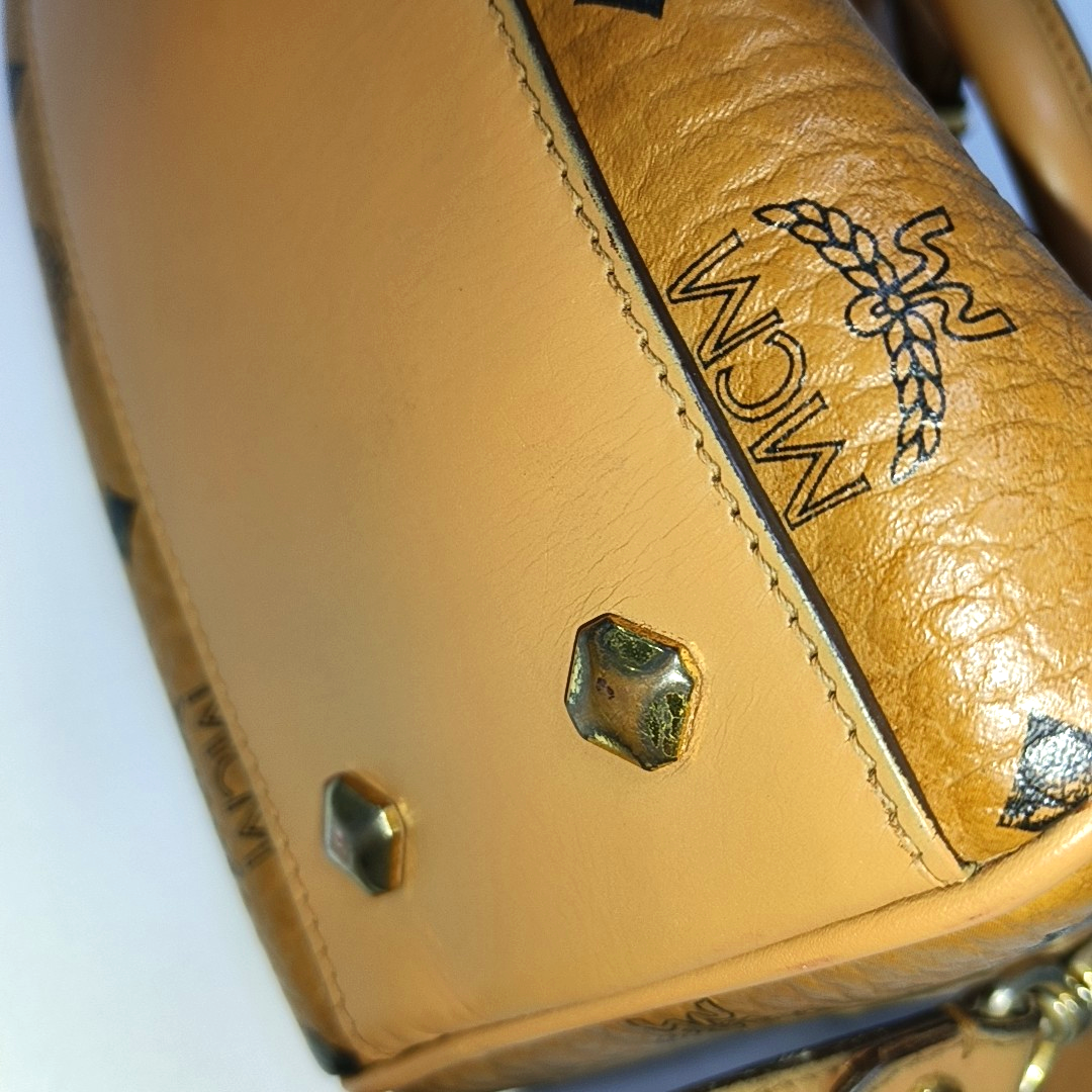 MCM ESSENTIAL Cognac Coated Canvas Monogram Print Boston Bag Single Shoulder Bag Handbag Crossbody Bag Golden hardware Removable shoulder strap-(SKU)-942033097