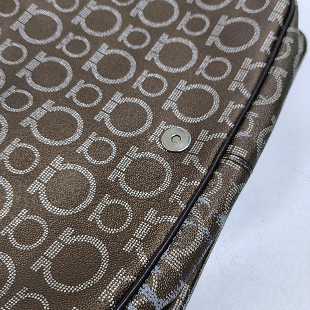 FERRAGAMO Dark Brown Coated Canvas Print Single Shoulder Bag Crossbody Bag Silver Hardware-(SKU)-952089727