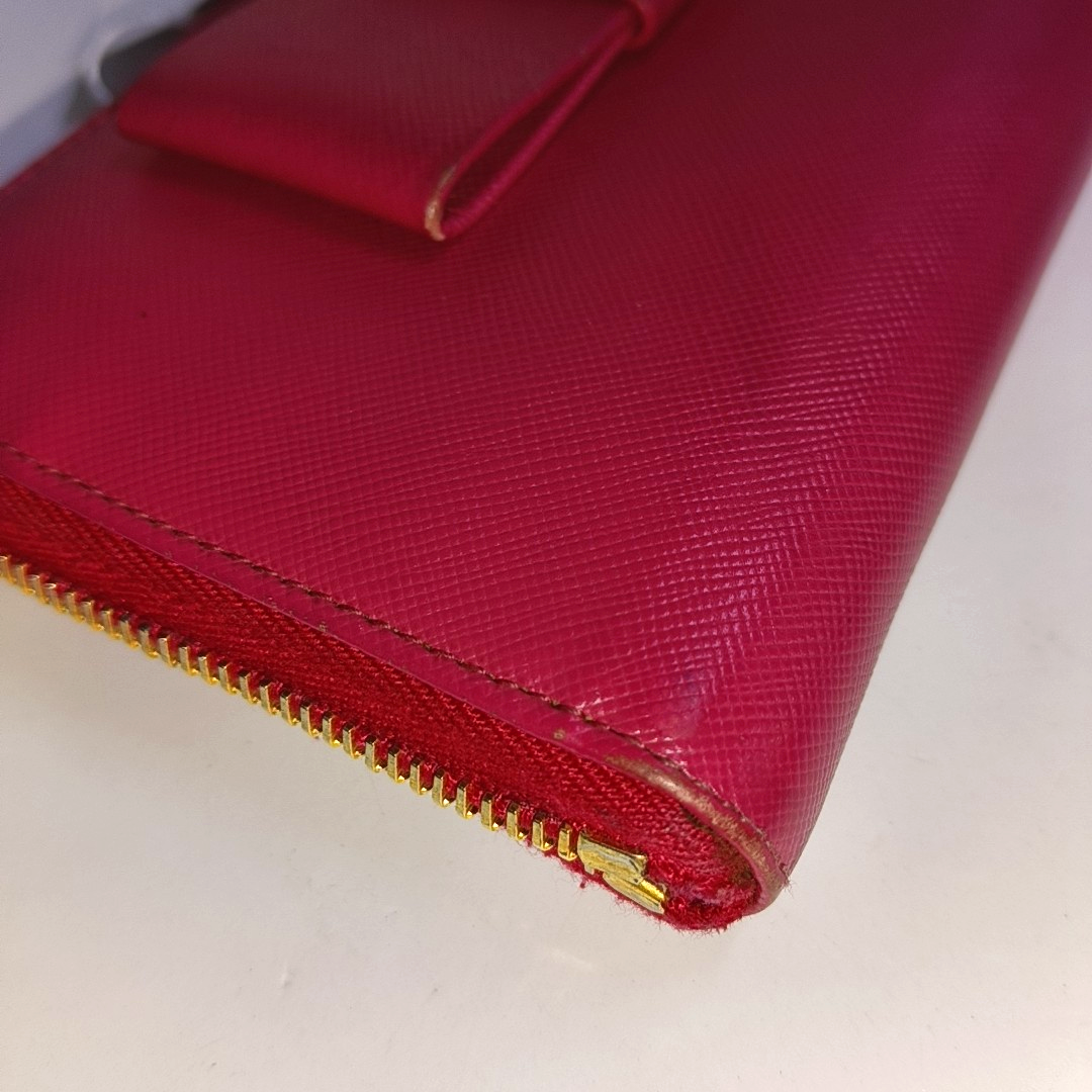 PRADA Fiocco Bow Red Leather Crosshatch Embossed Wallet Golden hardware-(SKU)-939810671