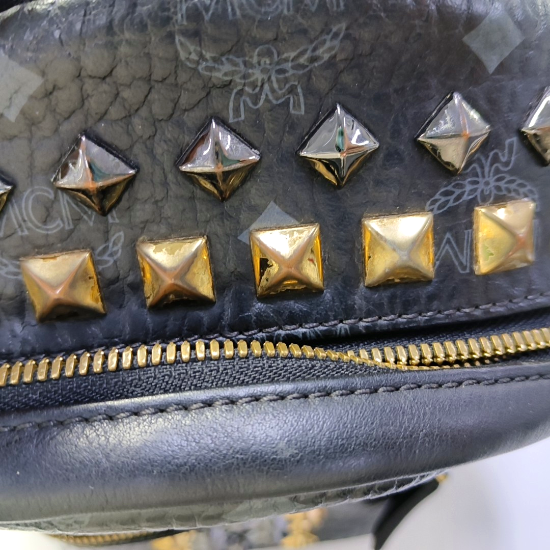 MCM STARK mini Black Coated Canvas Monogram Studs Backpack Golden hardware-(SKU)-940746737