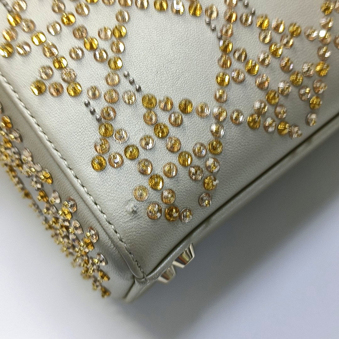 DIOR Lady Dior mini champagne lamb skin Cannage pattern three-compartment crossbody bag, shoulder bag with gold hardware and detachable strap-(SKU)-963332269
