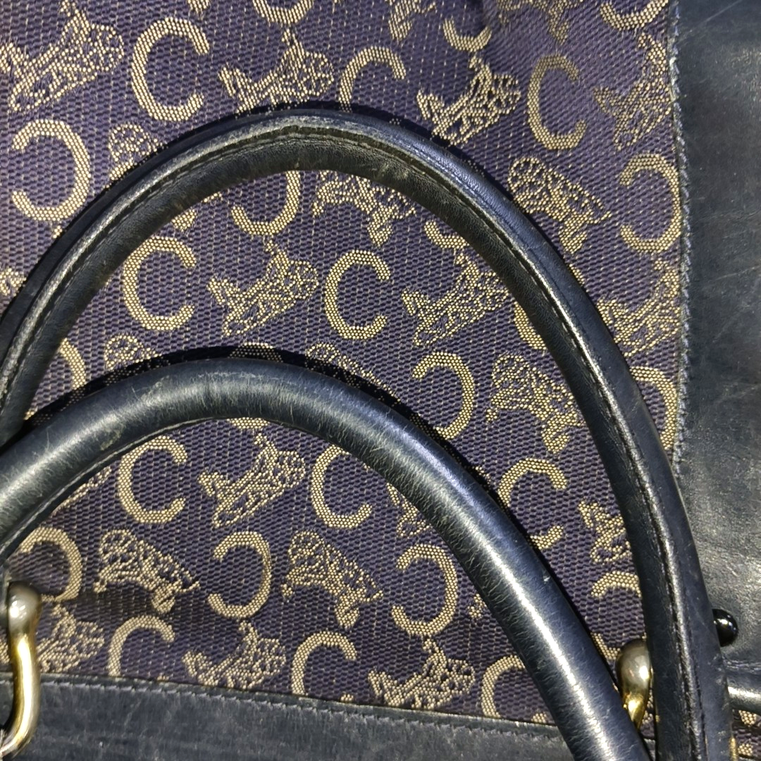 CELINE Dark Blue Canvas Triumphal Arch Handbag Golden hardware-(SKU)-933886003