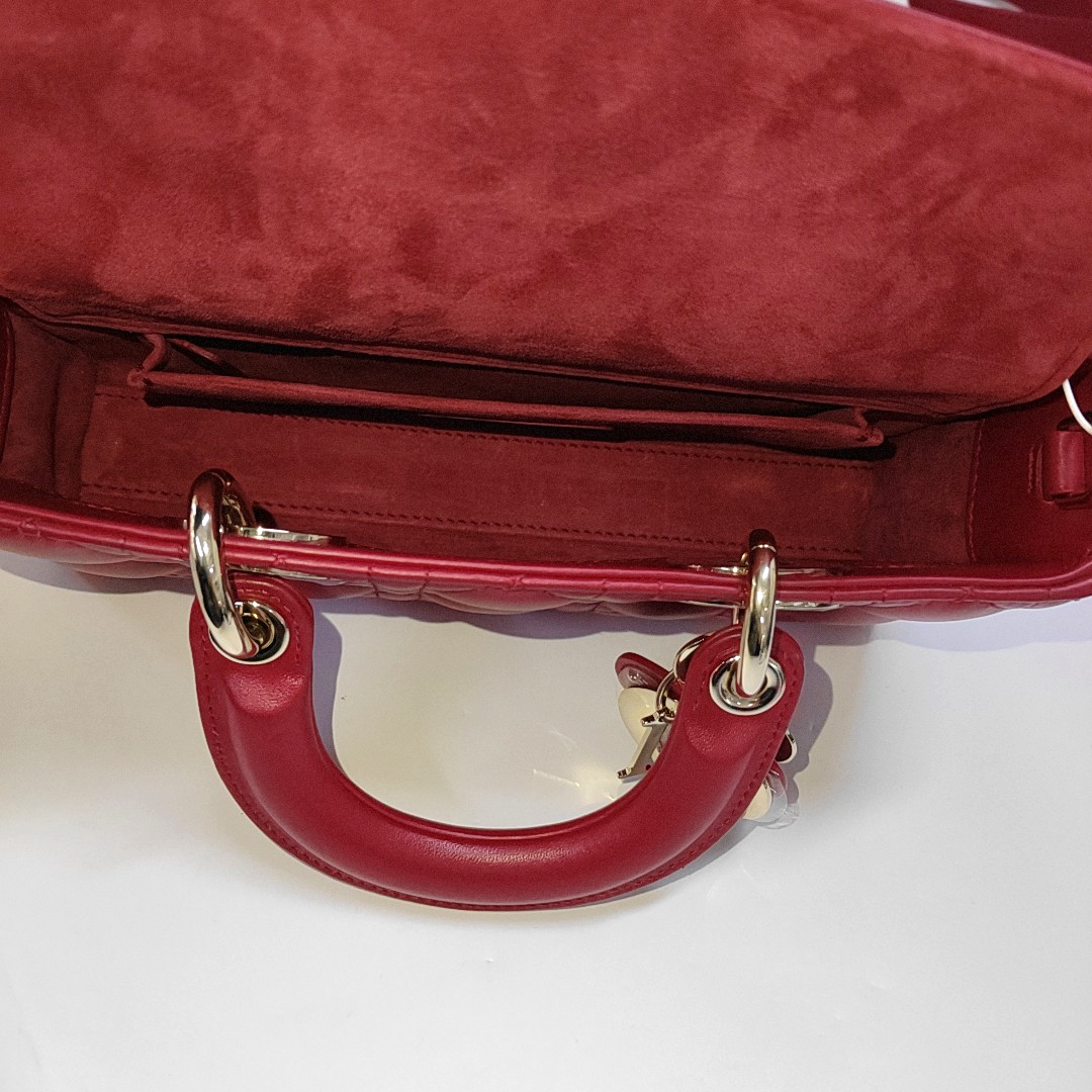 DIOR Lady D-Joy Small Red Lamb Skin Quilted Cannage Five-Panel Shoulder Bag with Detachable Strap, Gold Hardware-(SKU)-958281781