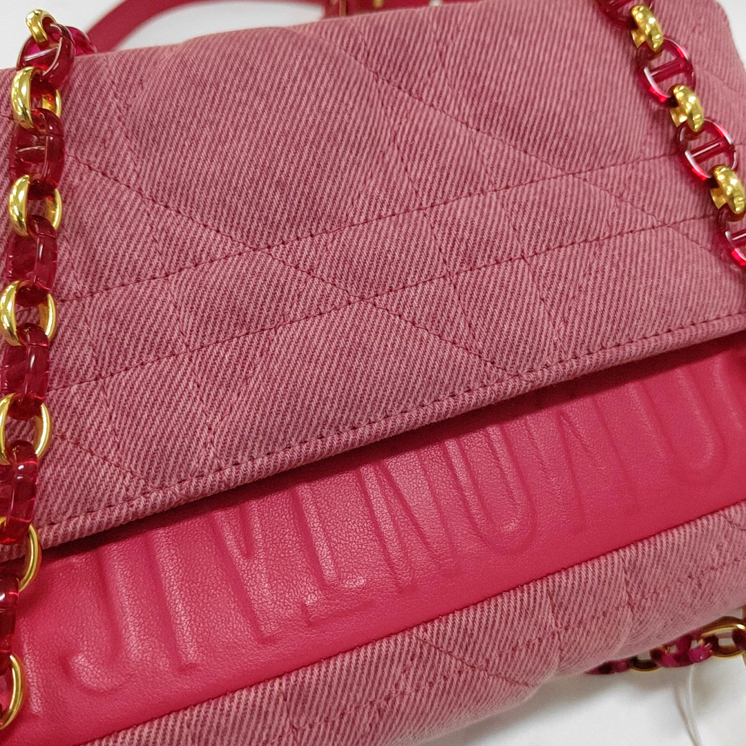 DIOR Dior Caro Medium Pink Denim Quilted Bag Crossbody Shoulder Bag Gold Red Hardware Removable Strap-(SKU)-961770509