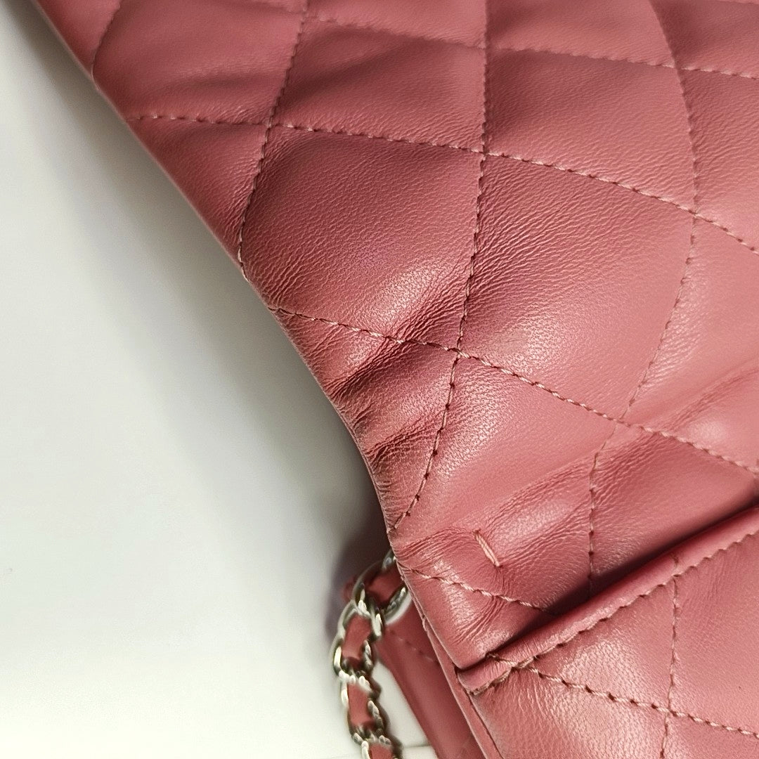 CHANEL CLASSIC FLAP Pink Lamb Leather Quilted Chevron Shoulder Bag Silver Hardware 18 Openings Complete Accessories-(SKU)-969451991