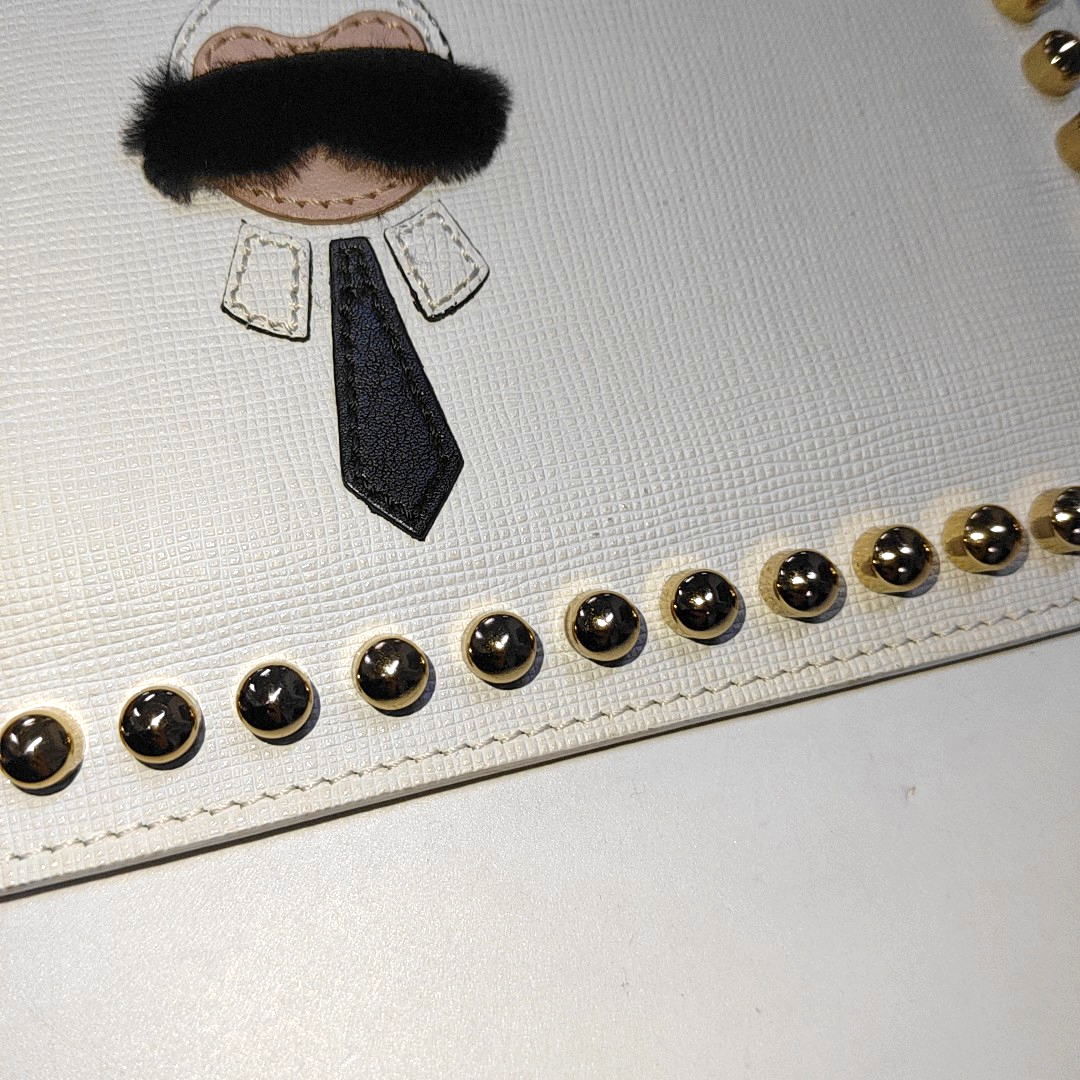 FENDI Karlito Beige Leather Studs Patchwork Handbag Handbag Golden hardware-(SKU)-935083618