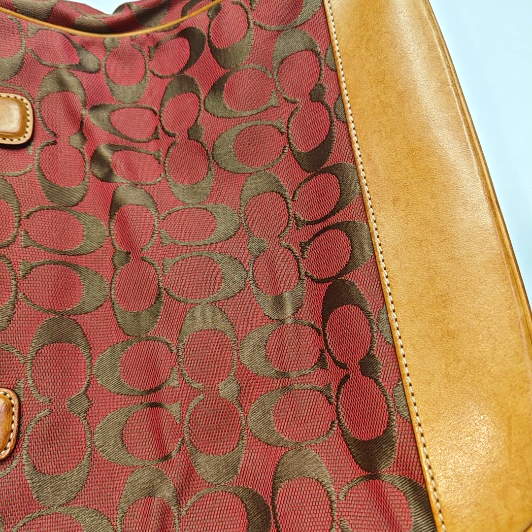 COACH Tote bag Red Canvas Monogram Floral Handbag Silver Hardware-(SKU)-936434550