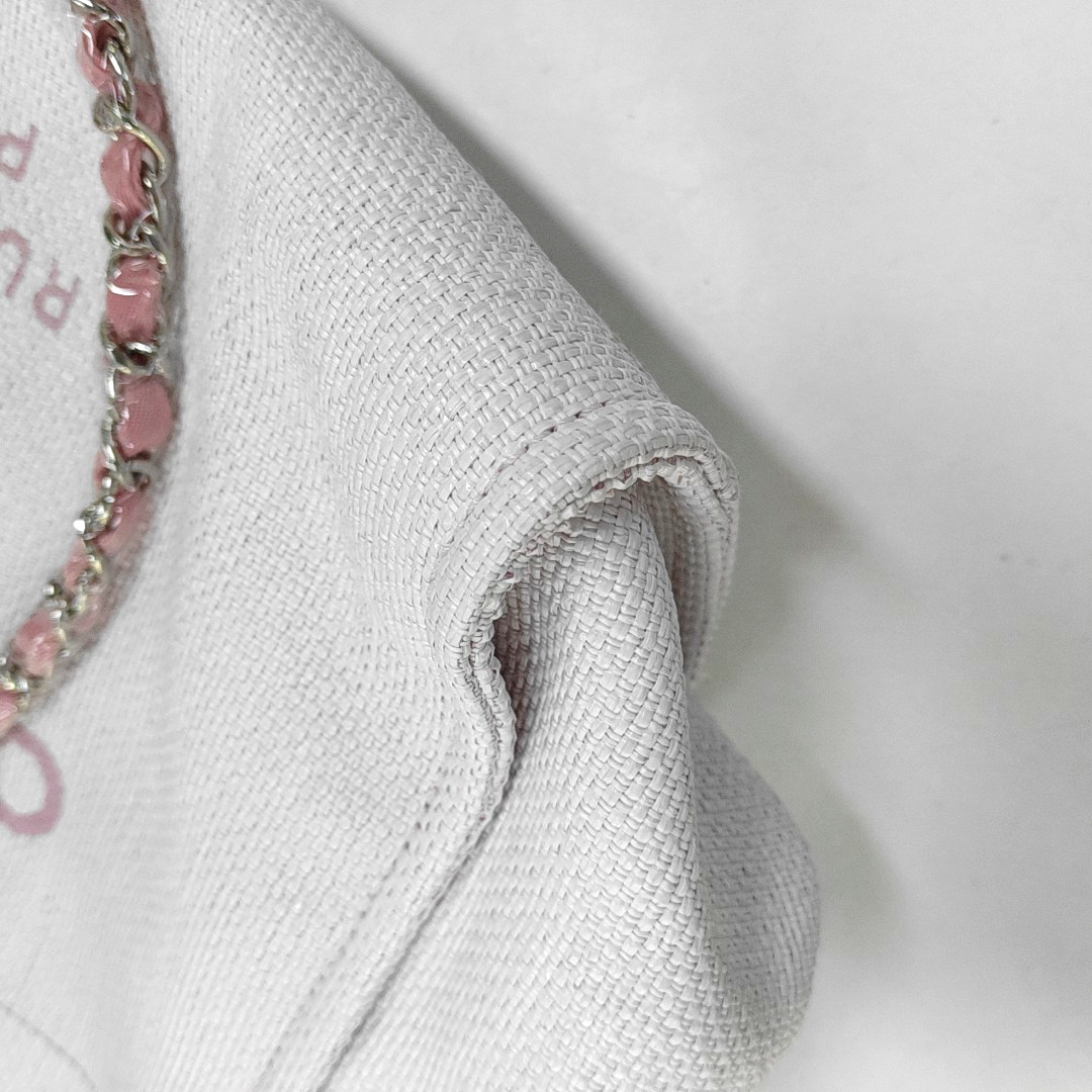 CHANEL DEAUVILLE Large White Canvas Beach Bag Single Shoulder Bag with Silver Hardware, 21 Clasp-(SKU)-950557027
