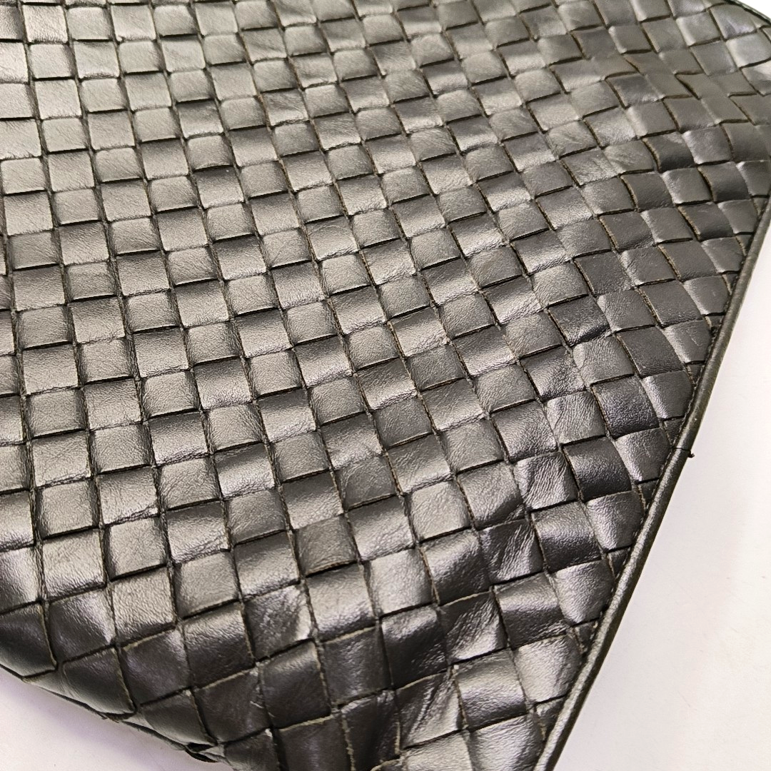BOTTEGA VENETA Dark grey leather woven clutch Black hardware-(SKU)-950533562