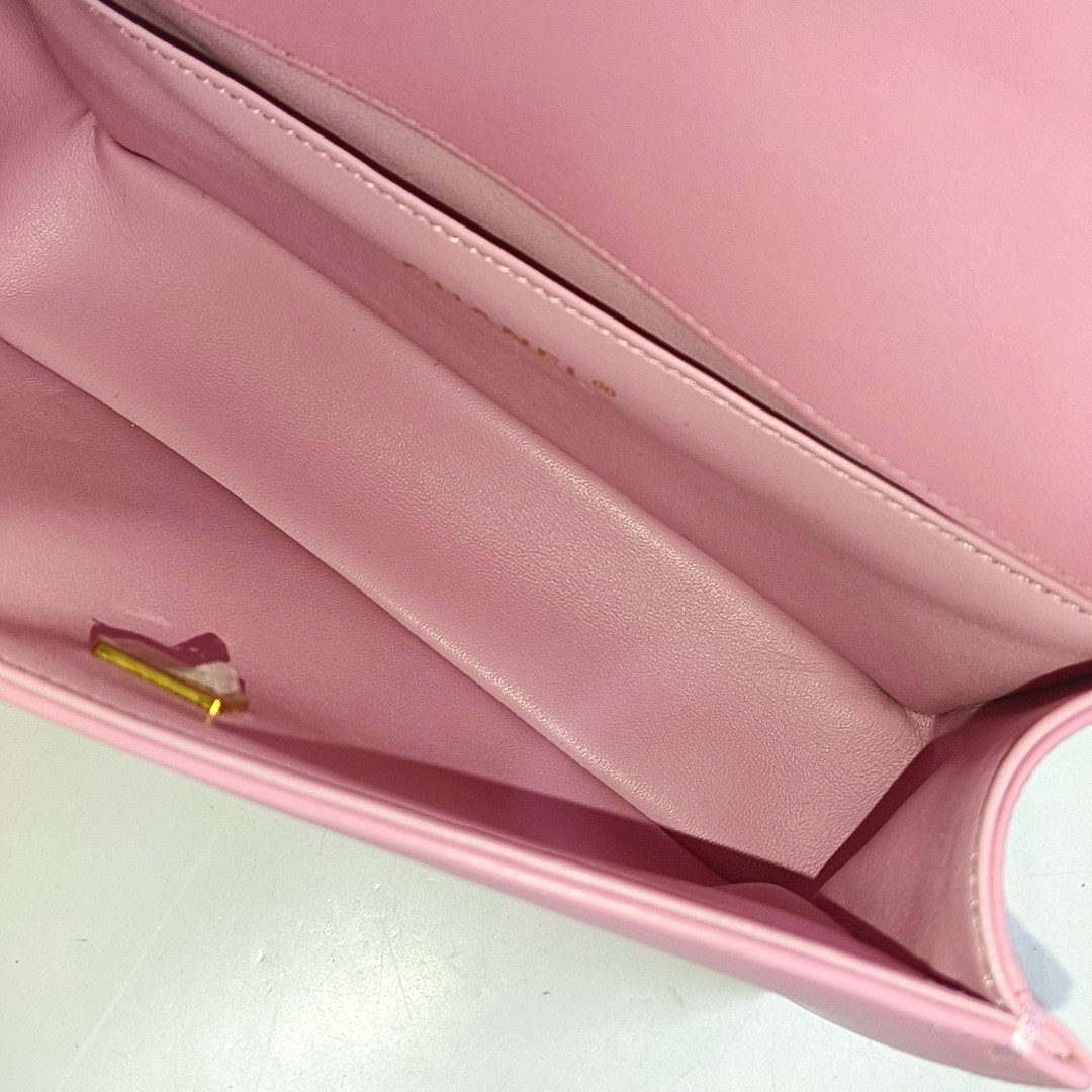 CHANEL BOY CHANEL Medium Size Pink Leather V-Shape Shoulder Bag Crossbody Bag Gold Hardware-(SKU)-953183002
