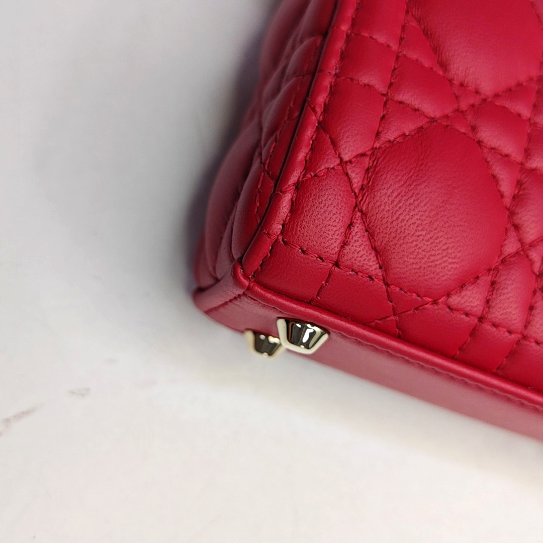 DIOR Lady Dior Super Mini Red Lamb Skin Cannage Embossed Three Compartment Crossbody Shoulder Bag Gold Hardware Removable Strap-(SKU)-952282248