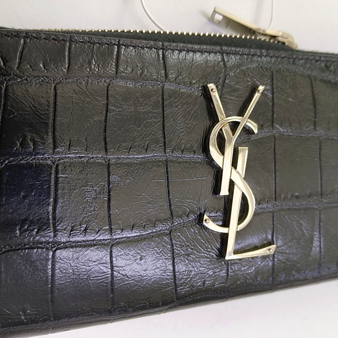 YSL KATE Black cowhide crocodile leather wallet Silver Hardware-(SKU)-958931869
